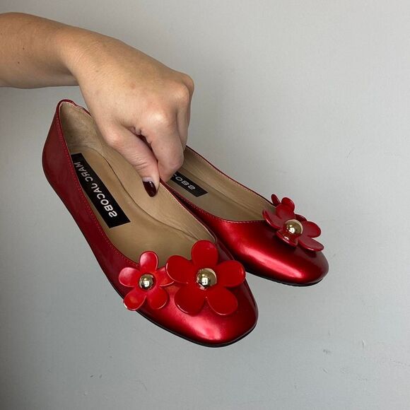 Marc Jacobs Daisy Red Parent Leather Floral Ballerina Flats with Flowers - Picture 1 of 5